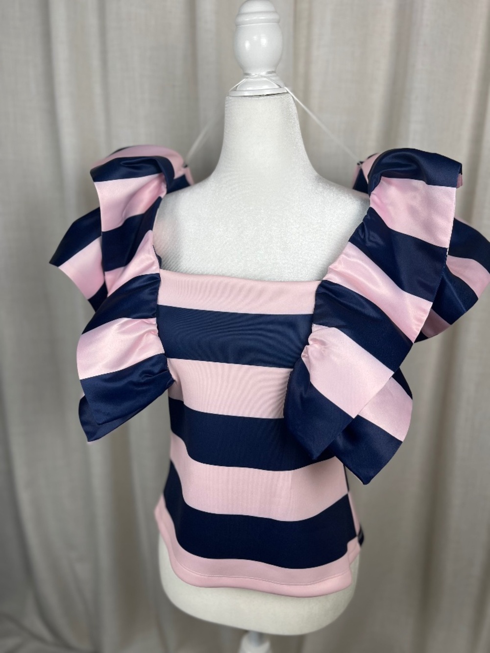 NAVY PINK STRIPE RUFFLED SATIN TOP